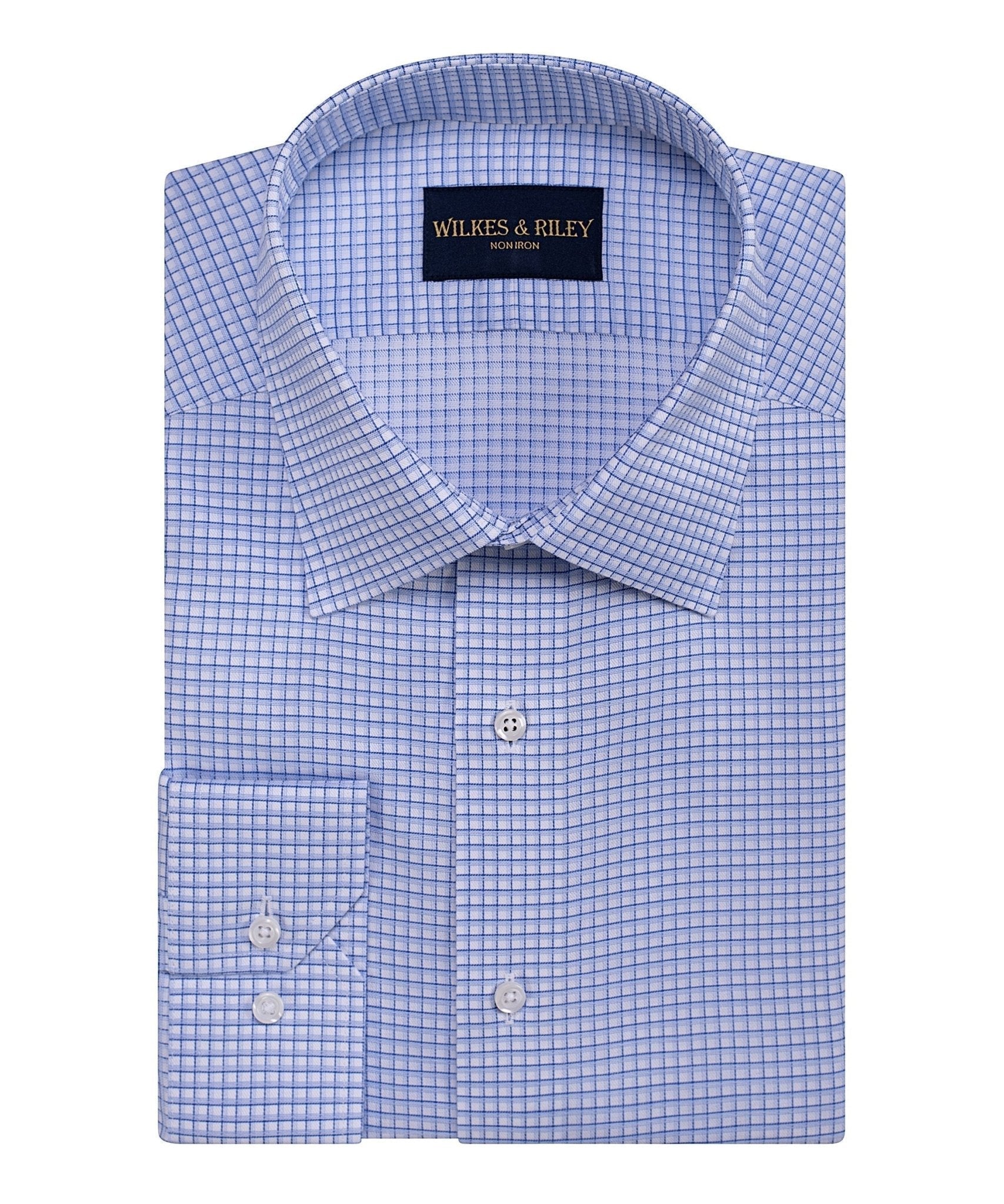 Blue Twill Graph Check Spread Collar Non - Iron Dress Shirt - Wilkes & Riley, LLC