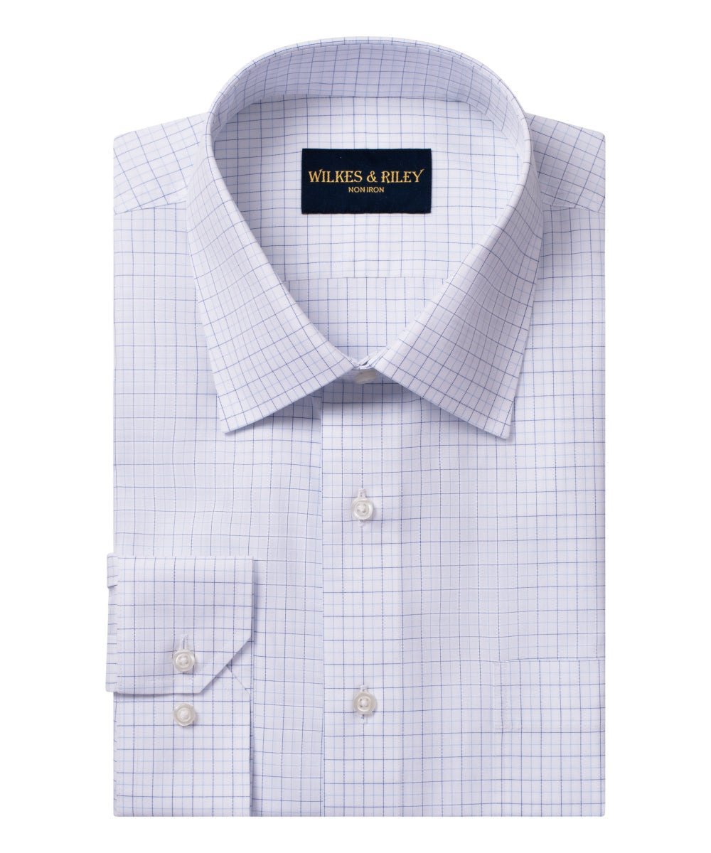 Blue/Lt Blue Tattersall Spread Collar Non - Iron Broadcloth Dress Shirt - Wilkes & Riley, LLC
