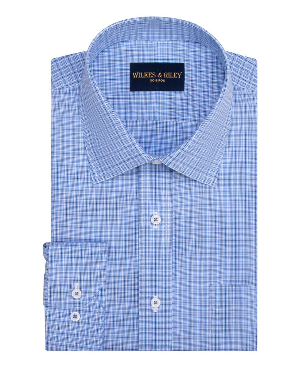 Blue/Navy Plaid Spread Collar Non - Iron Broadcloth Dress Shirt - Wilkes & Riley, LLC