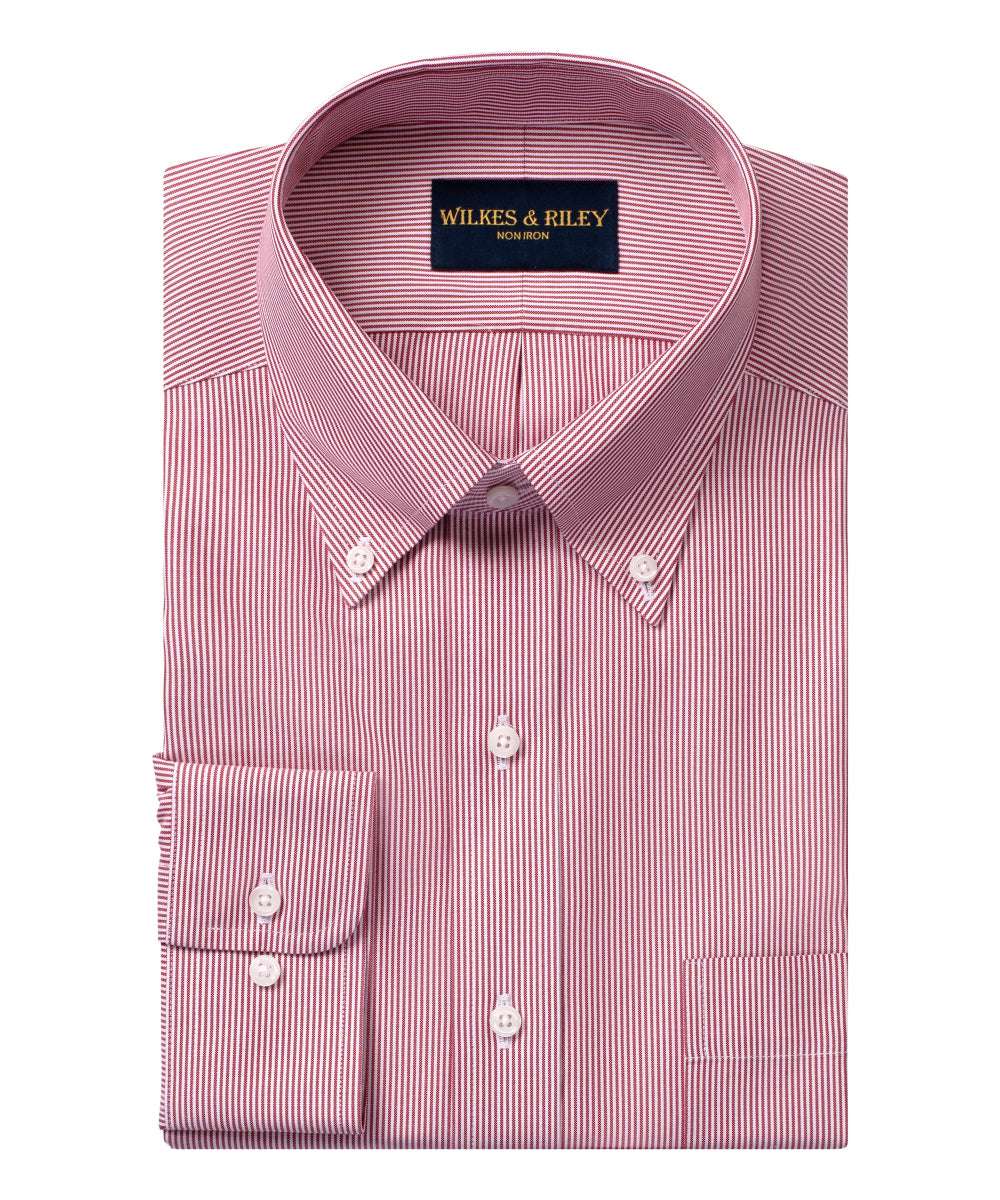 Burgundy Fine Line Button - Down Collar Non - Iron Pinpoint Oxford Dress Shirt - Wilkes & Riley, LLC