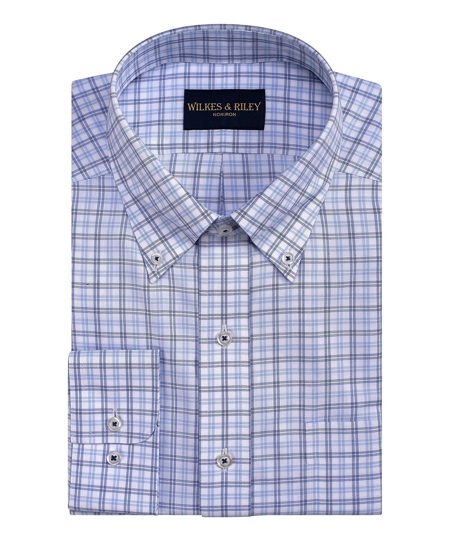 Classic Fit Blue / Sky Plaid Button - Down Collar Non - Iron Sport Shirt - Wilkes & Riley, LLC