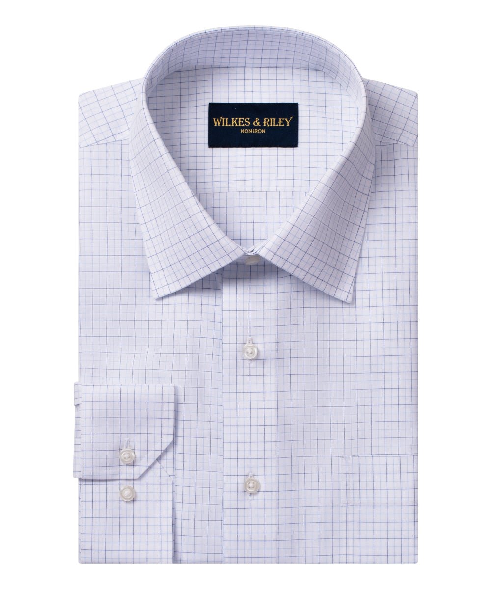Classic Fit Blue/Lt Blue Tattersall Spread Collar Non - Iron Broadcloth Dress Shirt - Wilkes & Riley, LLC