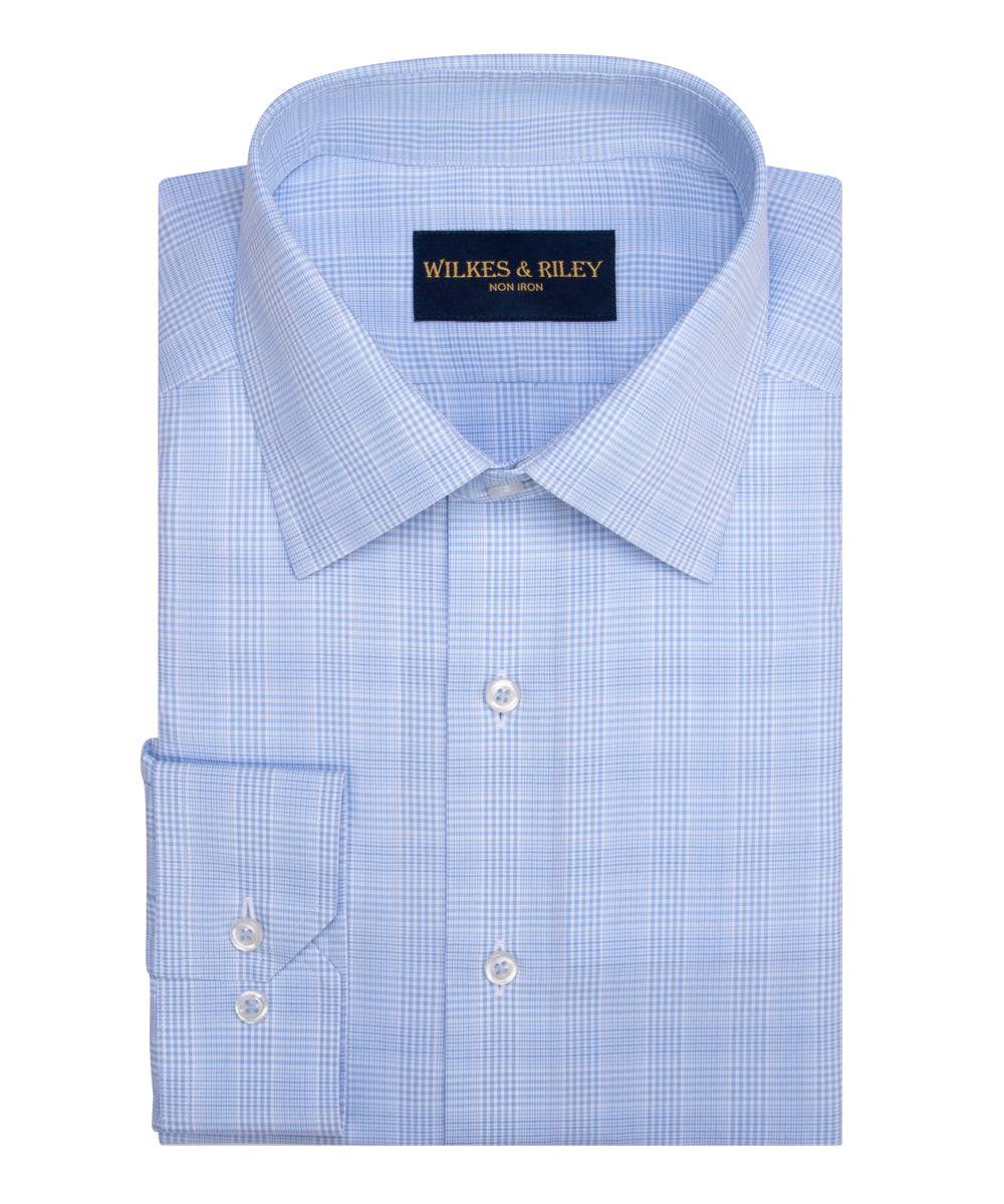 Classic Fit Light Blue Glen Plaid Spread Collar Non - Iron Broadcloth Dress Shirt - Wilkes & Riley, LLC
