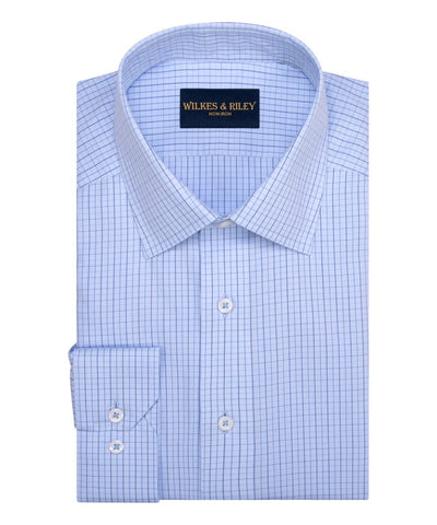 Classic Fit Light Blue Ground Tattersall Spread Collar Non-Iron Broadcloth Dress Shirt