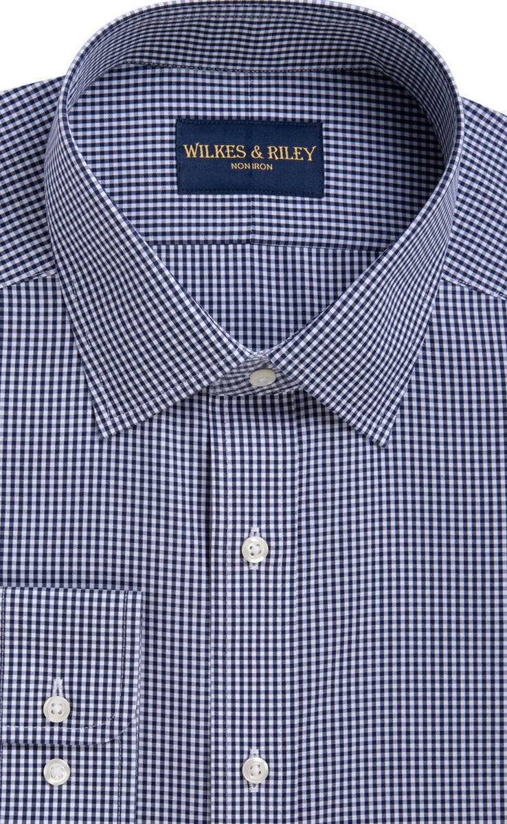 Classic Fit Navy Gingham Spread Collar Non - Iron Broadcloth Dress Shirt - Wilkes & Riley, LLC