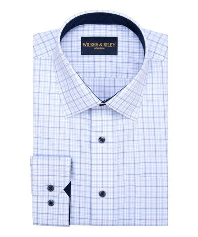 Classic Fit Navy Poplin Plaid SC With Contrast Trim Non-Iron Dress Shirt