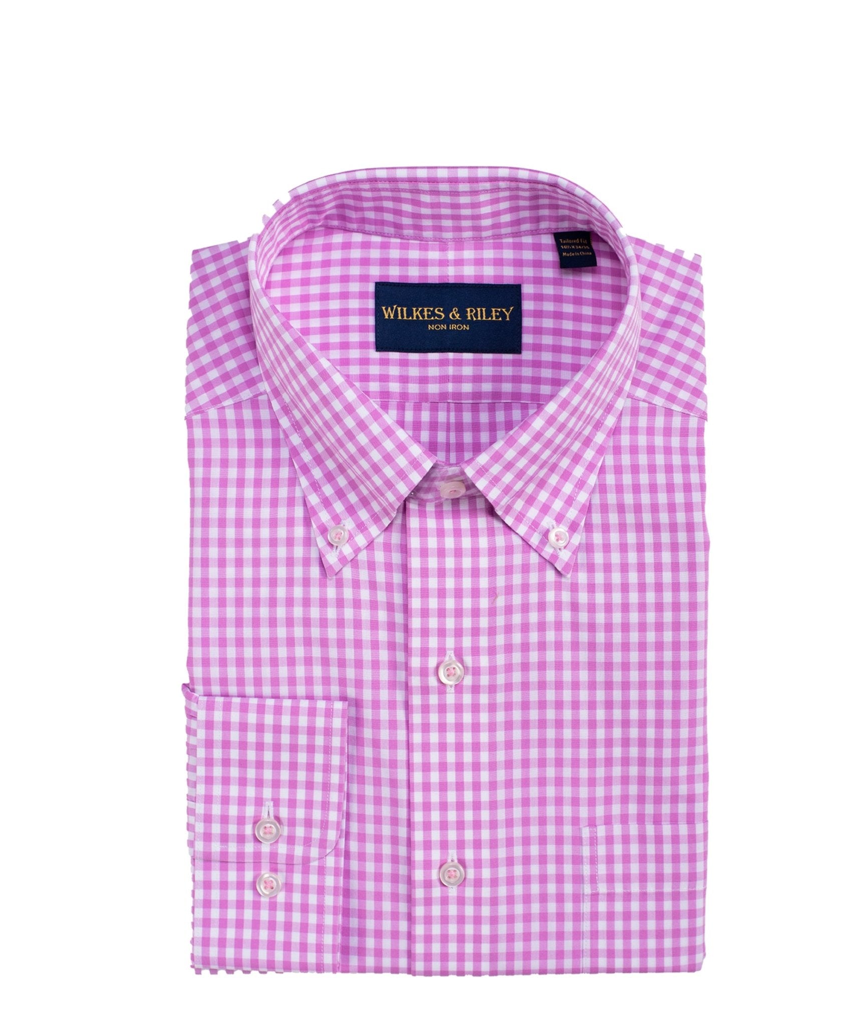Classic Fit Pink Gingham Button - Down Collar Supima® Non - Iron Cotton Broadcloth Sport Shirt - Wilkes & Riley, LLC