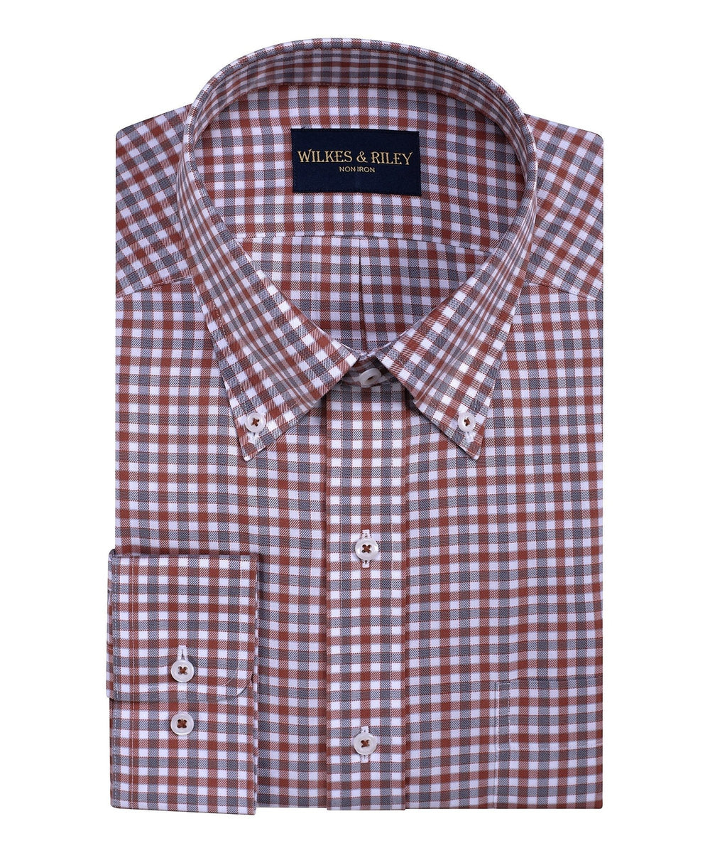 Classic Fit Rust/Grey Twill Check Button - Down Collar Non - Iron Sport Shirt - Wilkes & Riley, LLC