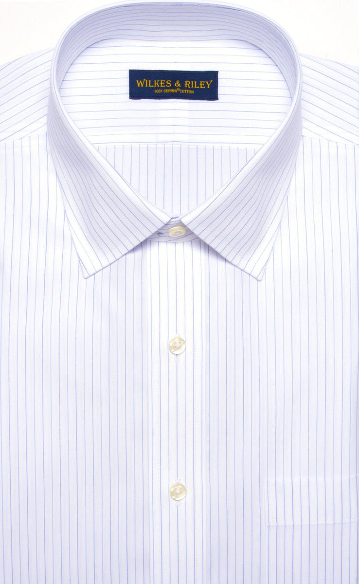 Classic Fit Sky / navy Alternating Stripe Spread Collar Non - Iron broadcloth Dress Shirt - Wilkes & Riley, LLC
