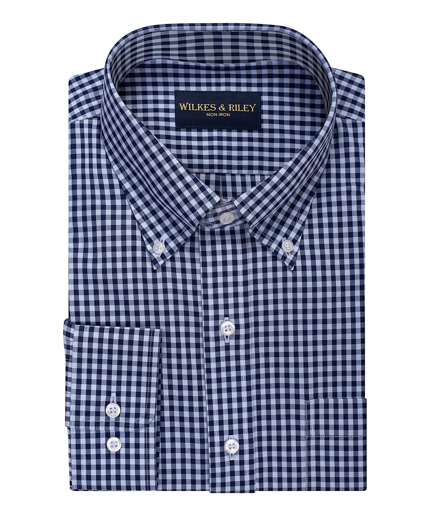 Classic Fit Sky Navy large Gingham Button - Down Collar Supima® Non - Iron Cotton Broadcloth Sport Shirt - Wilkes & Riley, LLC