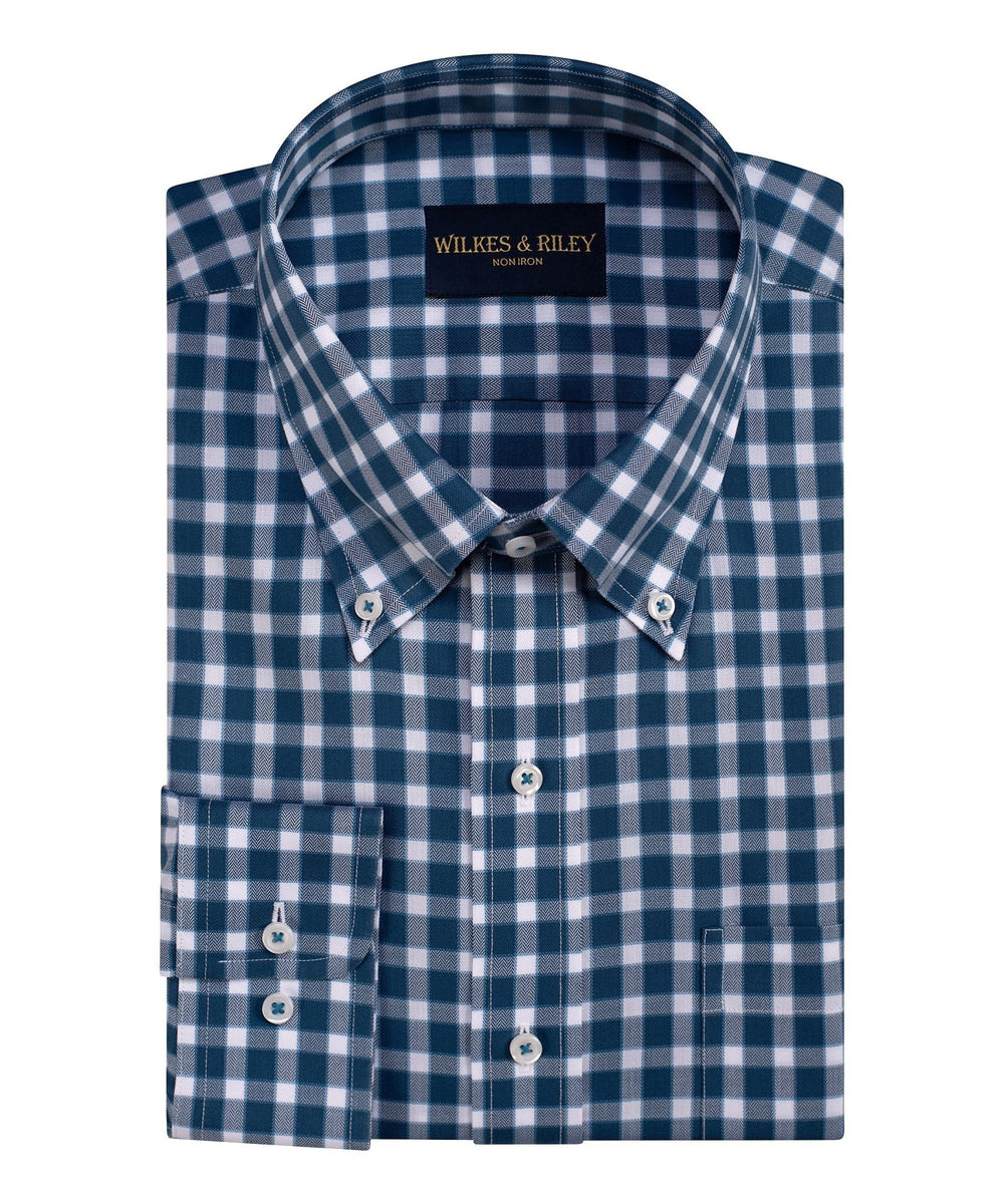 Classic Fit Teal Herringbone Check Button - Down Collar Non - Iron Sport Shirt - Wilkes & Riley, LLC