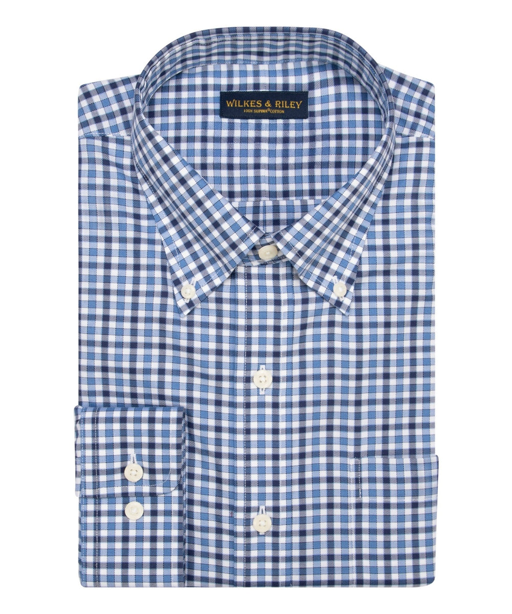 DK Blue / Navy Twill Check Button - Down Collar Non - Iron Sport Shirt - Wilkes & Riley, LLC