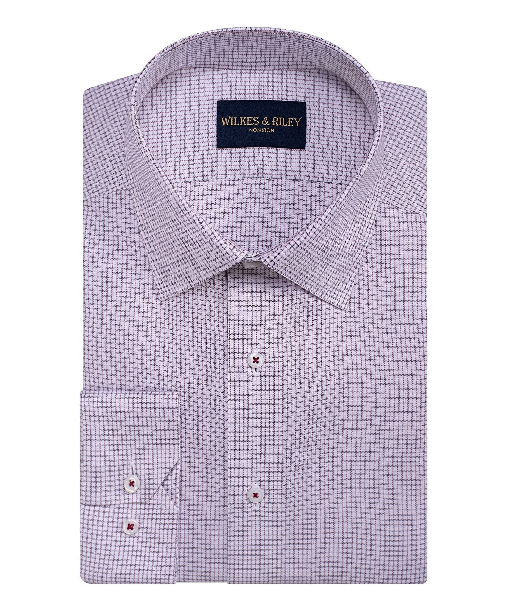 Dk Red Twill Check Spread Collar Non - Iron Dress Shirt - Wilkes & Riley, LLC