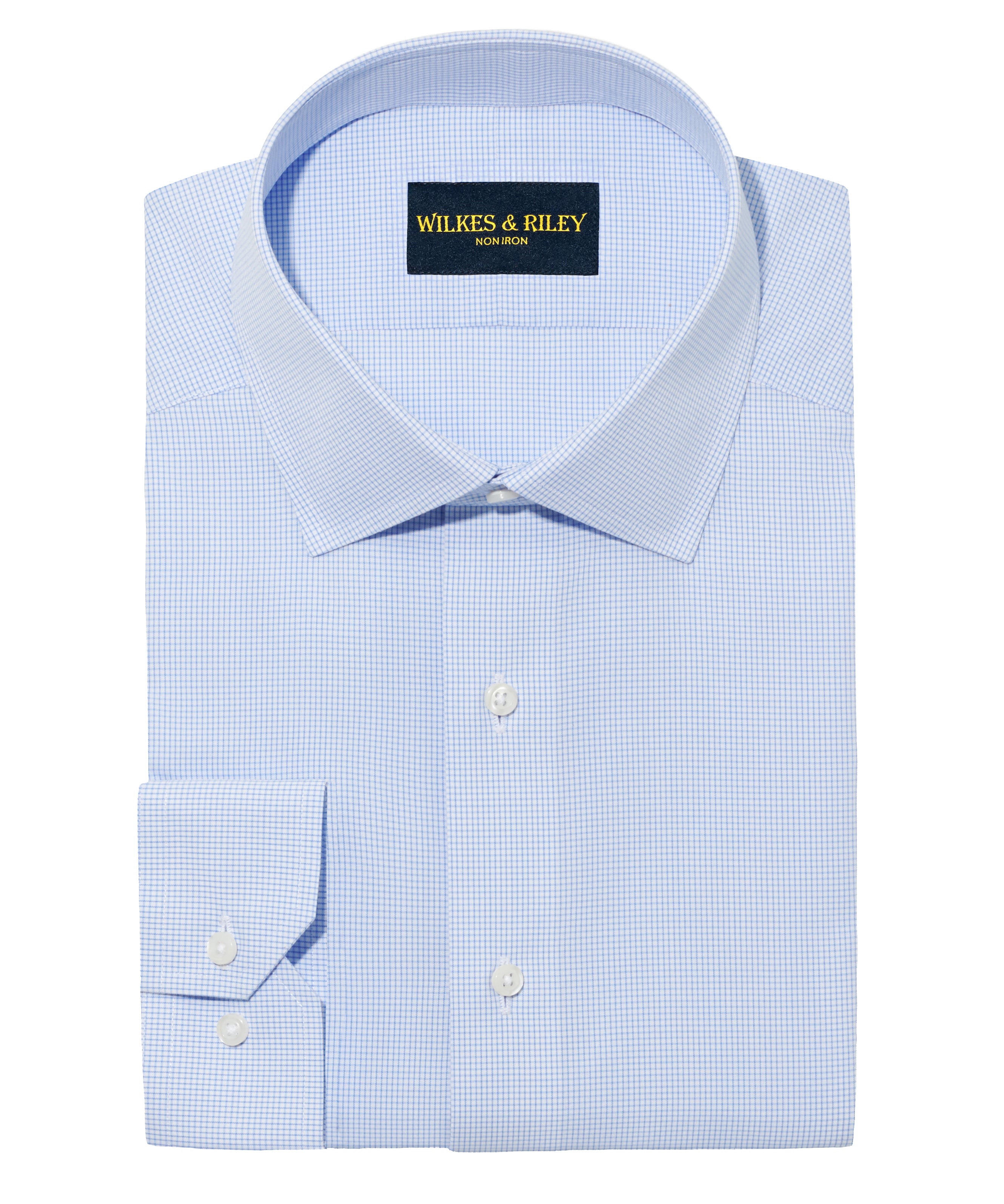 Sky Mini-check Spread Collar  Non-Iron Broadcloth Dress Shirt
