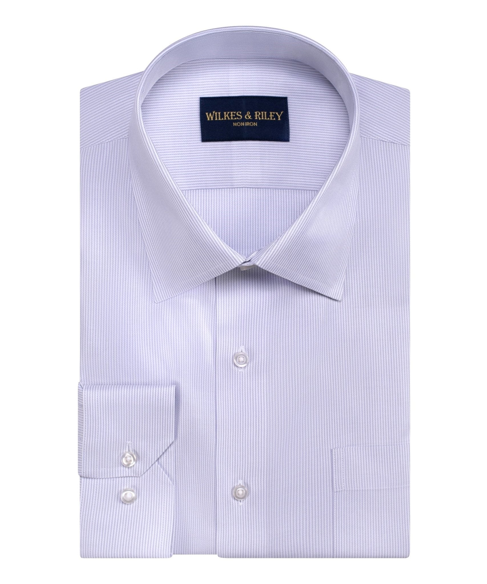 Grey Stripe Spread Collar Non - Iron Twill Dress Shirt - Wilkes & Riley, LLC