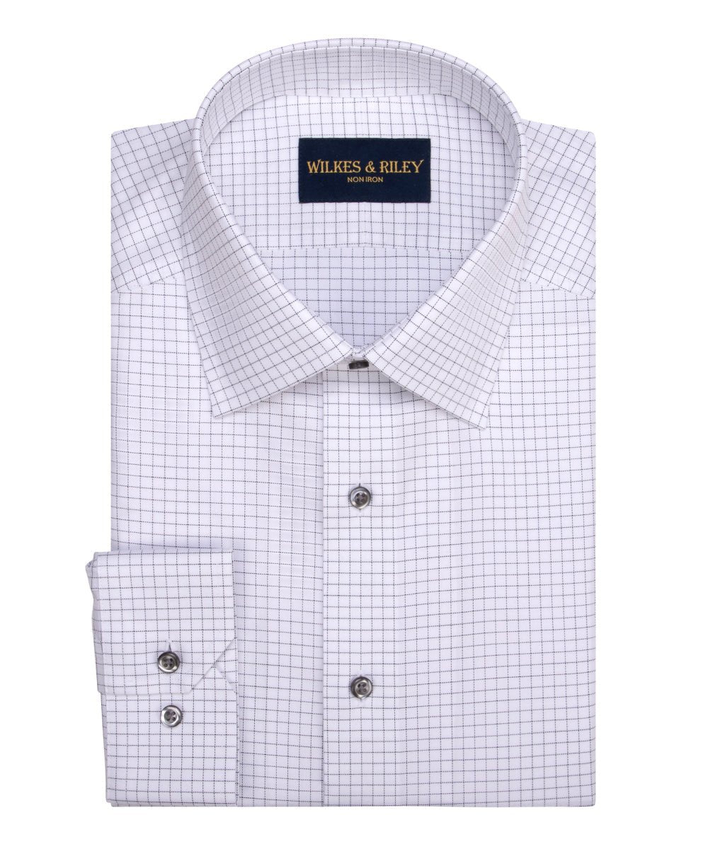 Grey Twill Check Spread Collar Non - Iron Dress Shirt - Wilkes & Riley, LLC