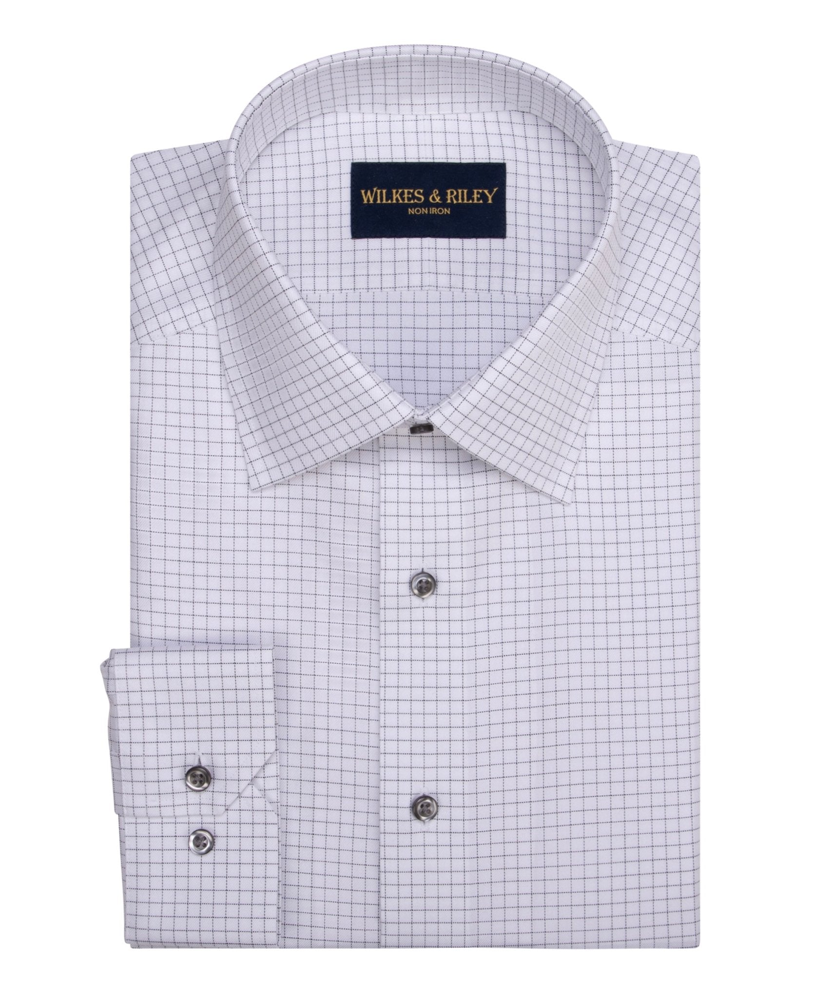 Grey Twill Check Spread Collar Non - Iron Dress Shirt - Wilkes & Riley, LLC