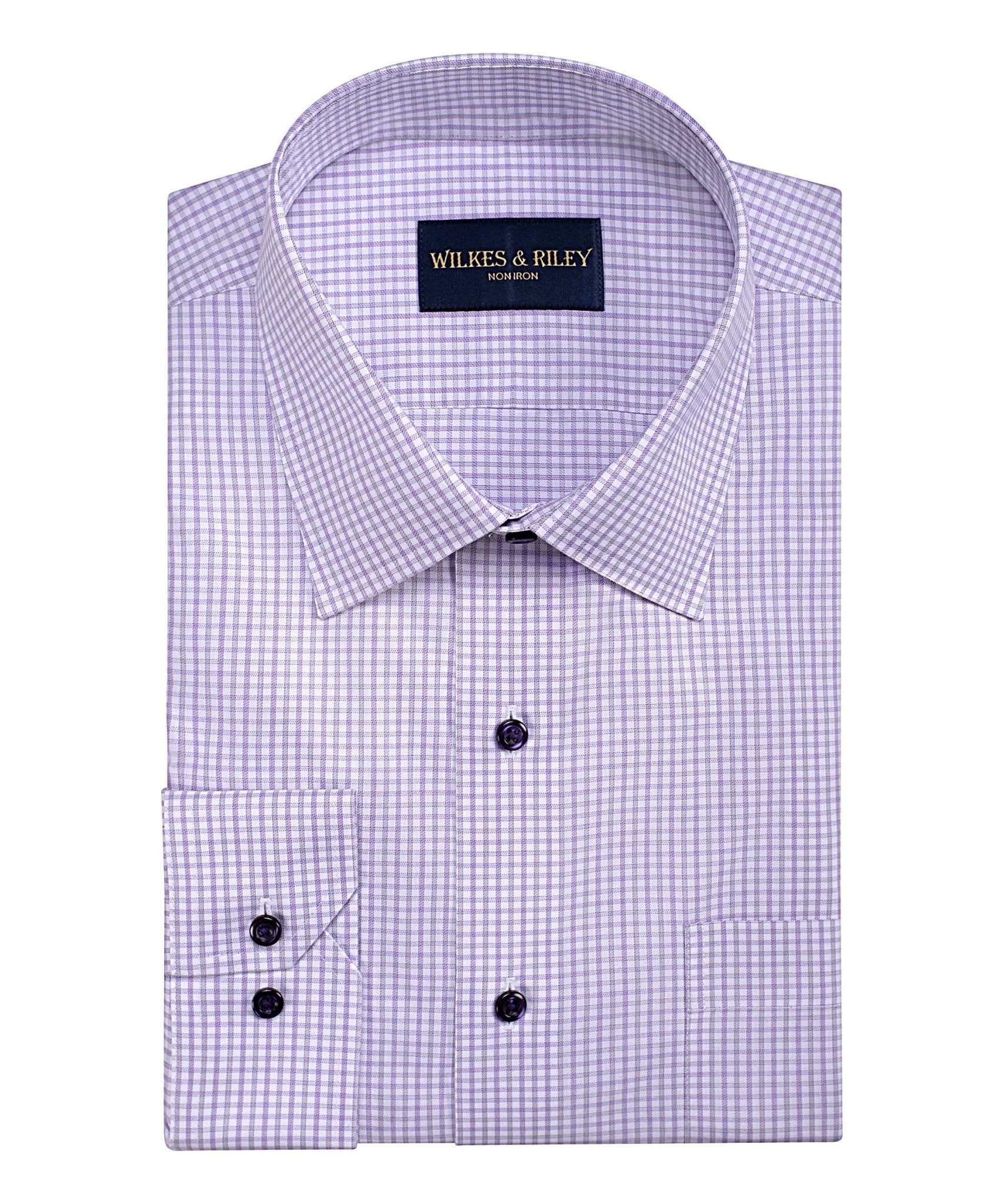 Lavender / Grey Dobby Twill Check Spread Collar Non - Iron Dress Shirt - Wilkes & Riley, LLC