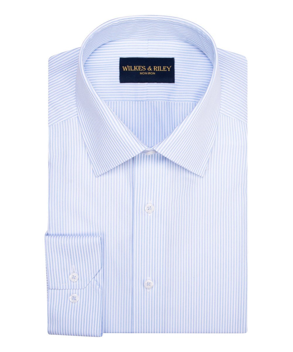 Light Blue End - On - End Stripe Spread Collar Non - Iron broadcloth Dress Shirt - Wilkes & Riley, LLC