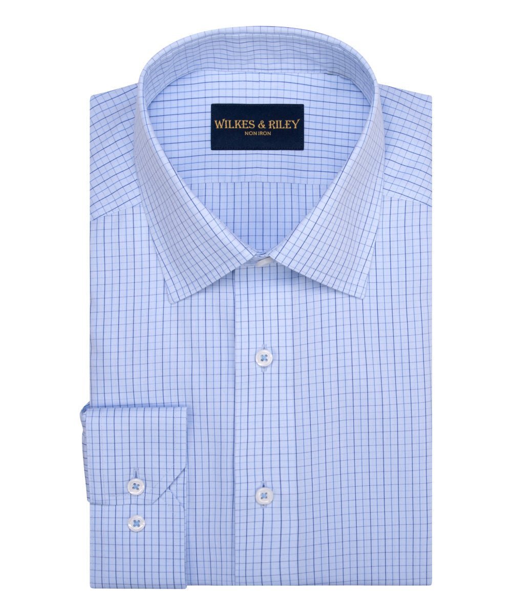 Light Blue Ground Tattersall Spread Collar Non - Iron Broadcloth Dress Shirt - Wilkes & Riley, LLC