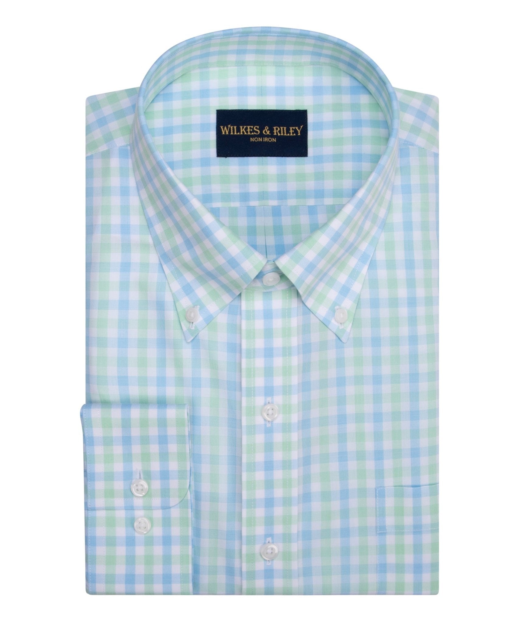 Lime / Sky Check Button - Down Collar Non - Iron Sport Shirt - Wilkes & Riley, LLC