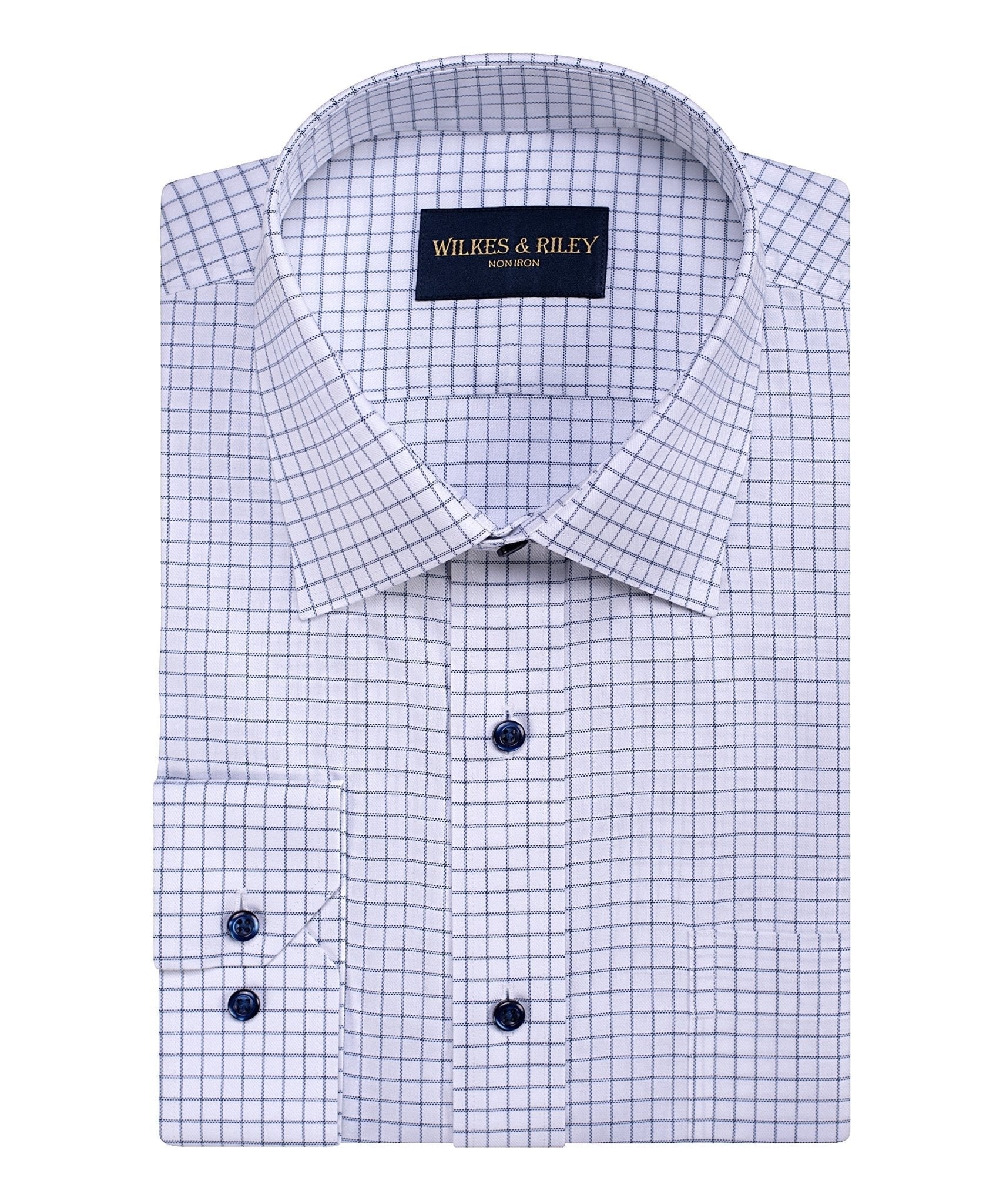 Navy Twill Triple Check Spread Collar Non - Iron Dress Shirt - Wilkes & Riley, LLC