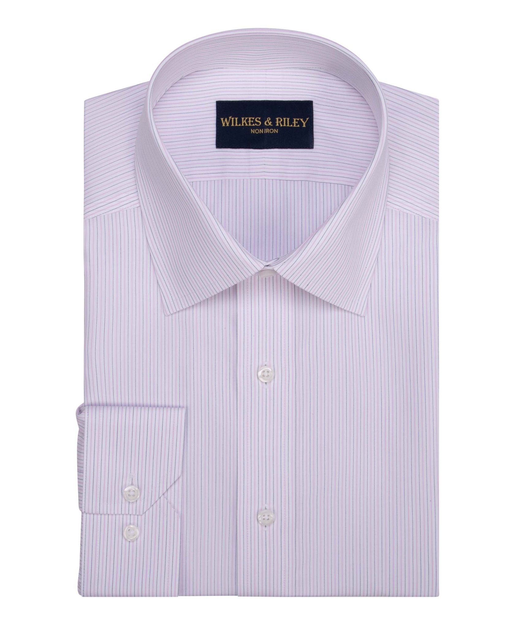 Pink / Navy Stripe Spread Collar Non - Iron Dress Shirt - Wilkes & Riley, LLC