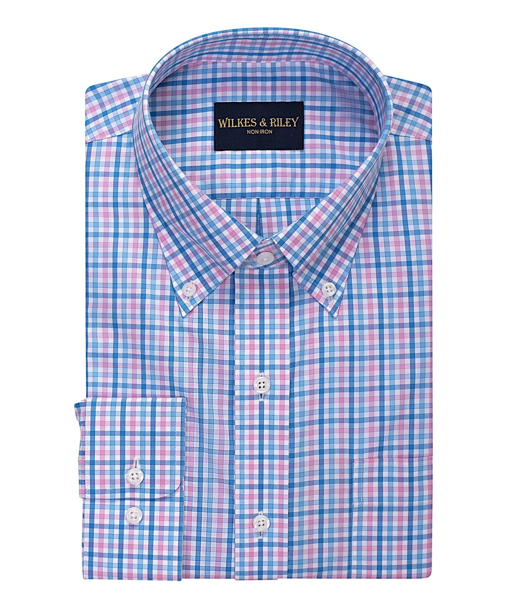 Pink / Sky Check Button - Down Collar Non - Iron Sport Shirt - Wilkes & Riley, LLC