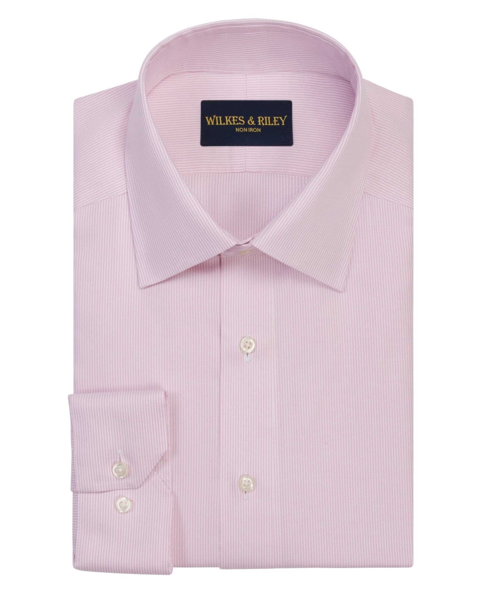 Pink Stripe Spread Collar Non - Iron Twill Dress Shirt - Wilkes & Riley, LLC