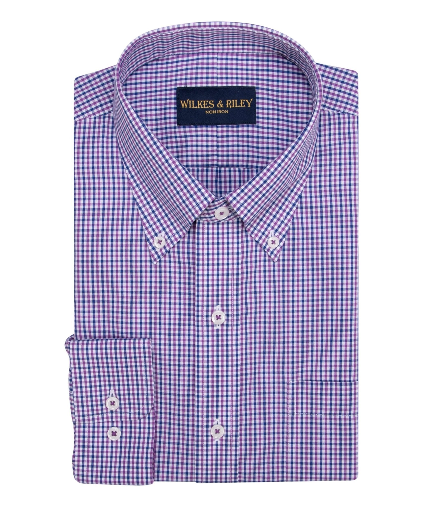 Purple / Blue Tattersall check Button - Down Collar Supima® Non - Iron Cotton Broadcloth Sport Shirt - Wilkes & Riley, LLC
