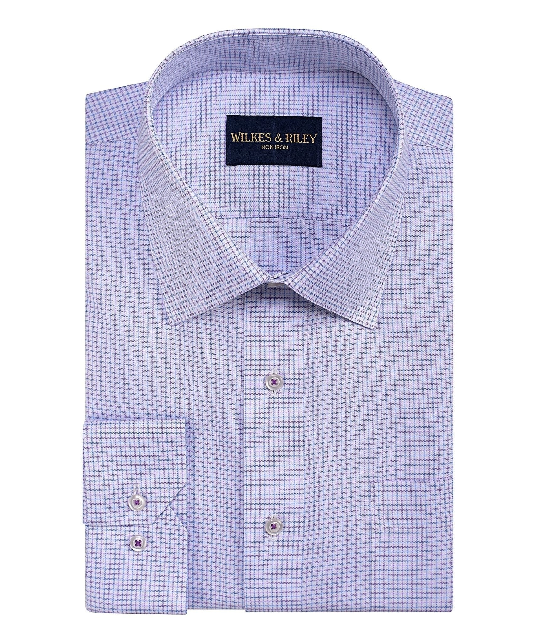 Raspberry & Sky Micro Check Spread Collar Non - Iron Dress Shirt - Wilkes & Riley, LLC
