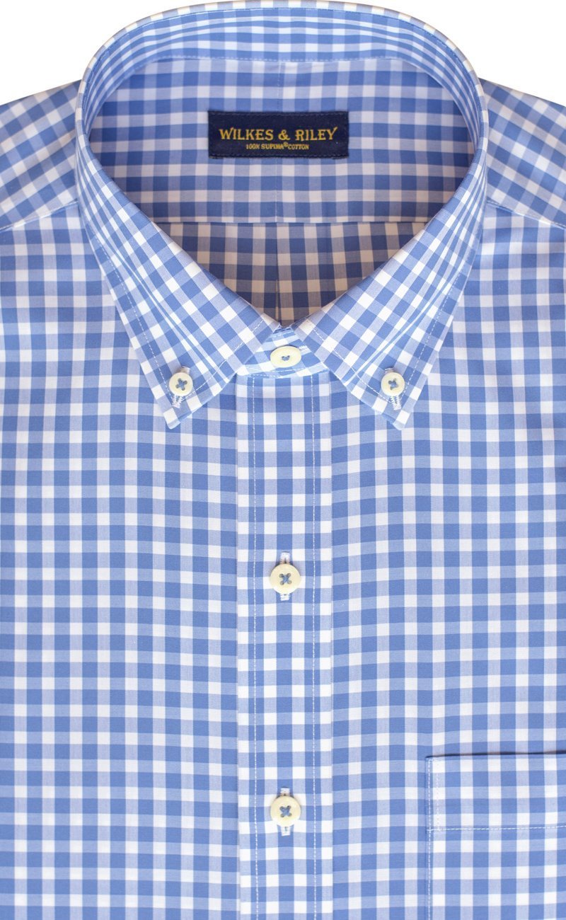 Regular Fit Blue Gingham Button - Down Collar Supima® Non - Iron Cotton Broadcloth Sport Shirt (B/T) - Wilkes & Riley, LLC