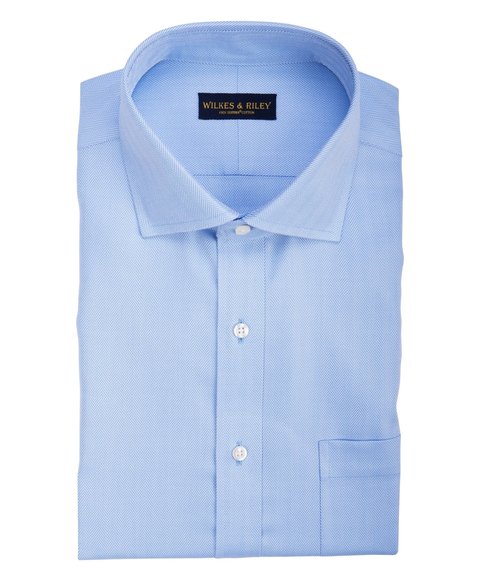 Regular Fit Blue Herringbone English Spread Collar Supima® Cotton Non - Iron Dress Shirt (B/T) - Wilkes & Riley, LLC