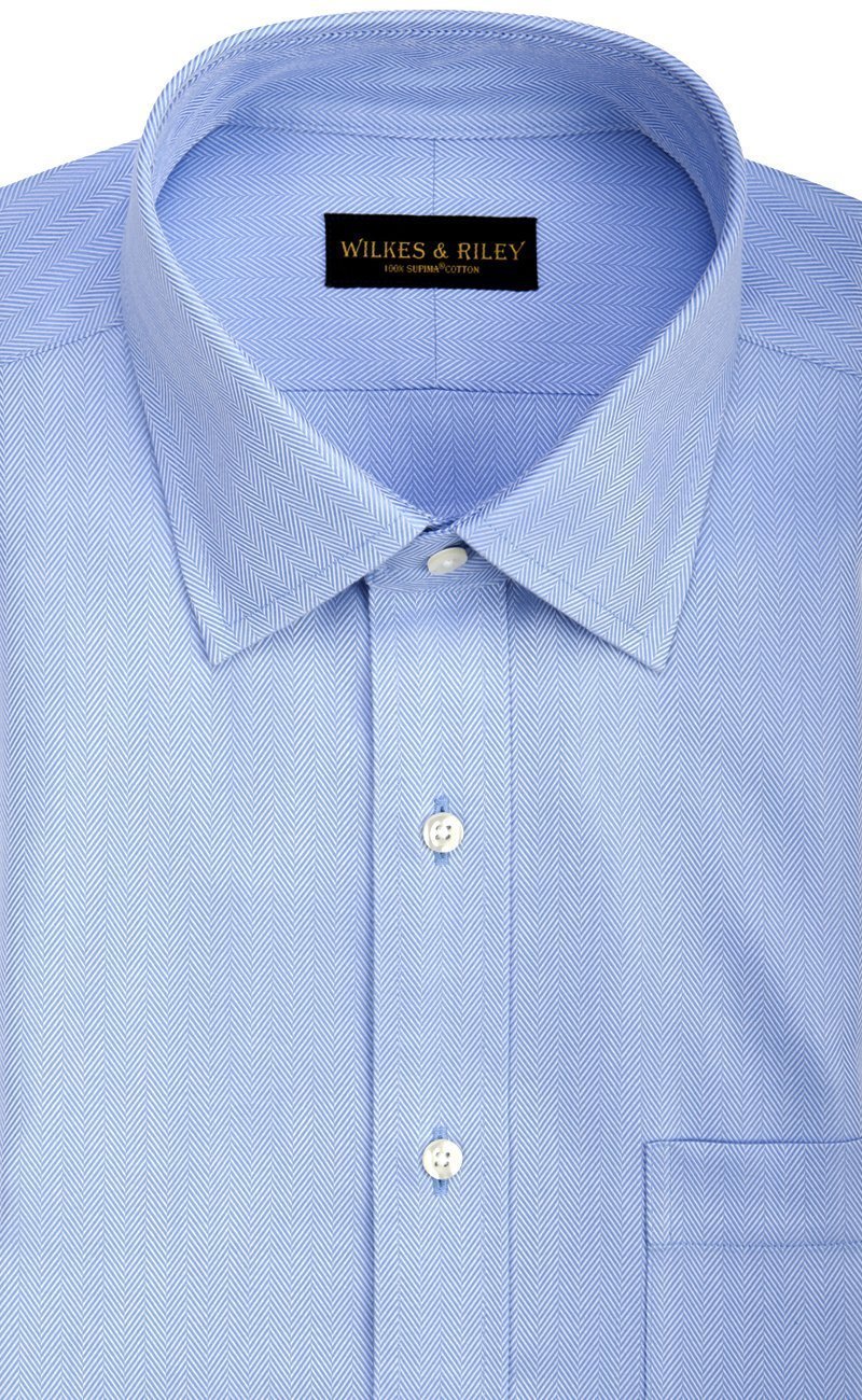 Regular Fit Blue Herringbone Spread Collar Supima® Cotton Non - Iron Dress Shirt (B/T) - Wilkes & Riley, LLC