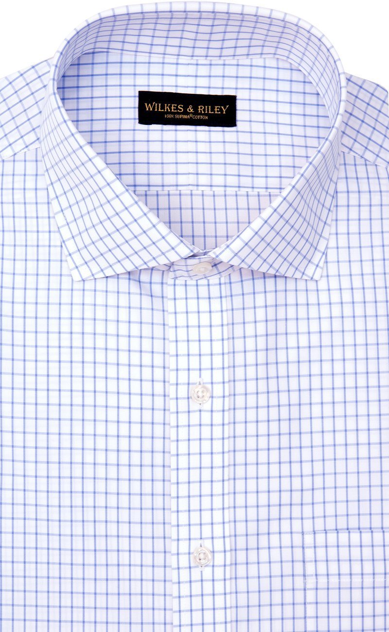Regular Fit Blue Large Check English Spread Collar Supima® Cotton Non - Iron Broadcloth Dress Shirt (B/T) - Wilkes & Riley, LLC