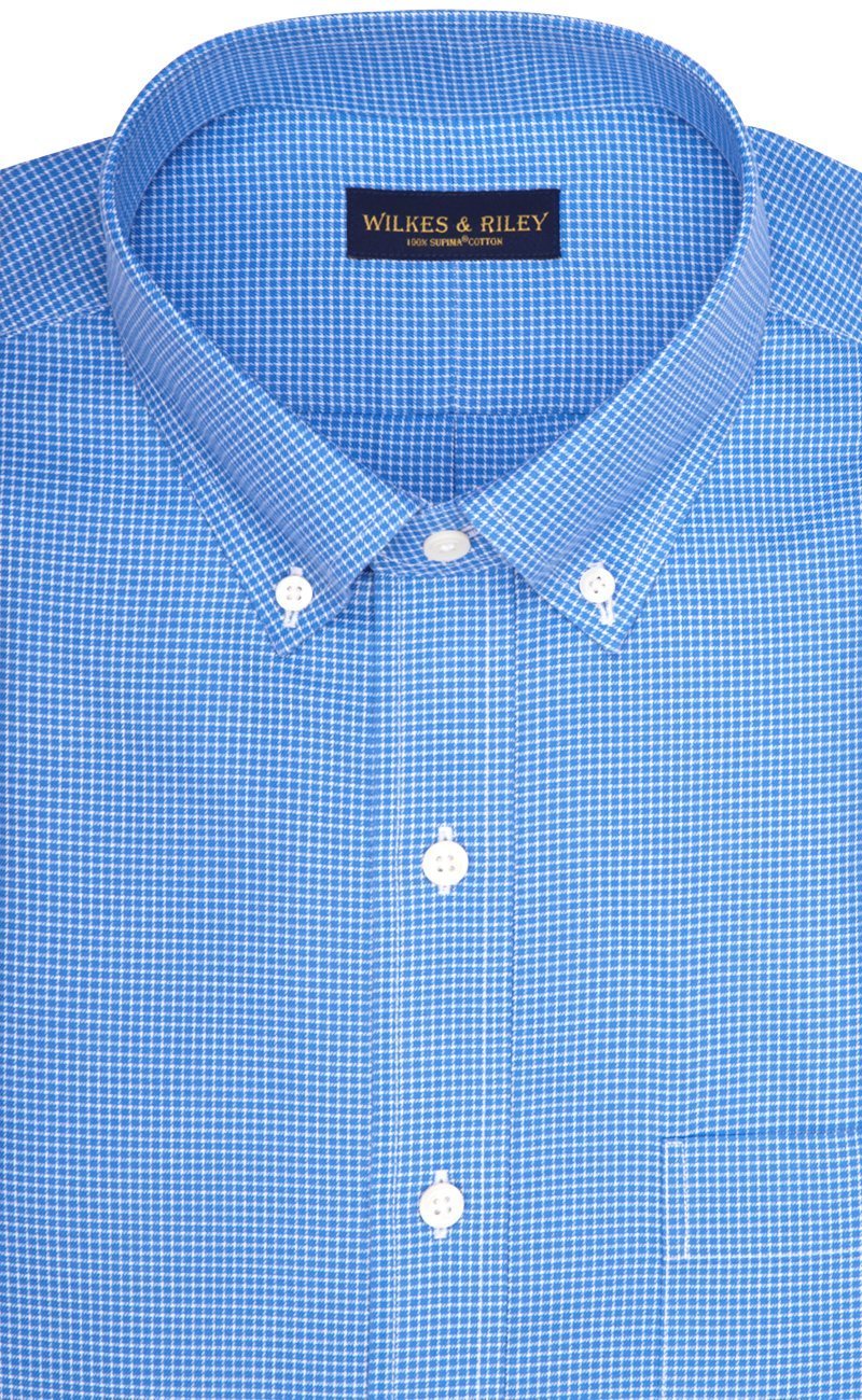 Regular Fit Blue Mini Check Twill Button - Down Collar Supima® Cotton Non - Iron Sport Shirt (B/T) - Wilkes & Riley, LLC