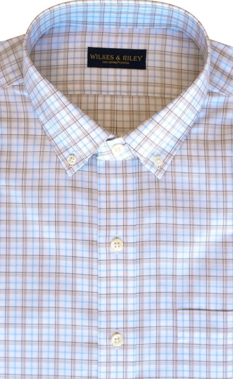 Regular Fit Camel & Sky Twill Check Supima® Cotton Non - Iron Button - Down Collar Sport Shirt (B/T) - Wilkes & Riley, LLC