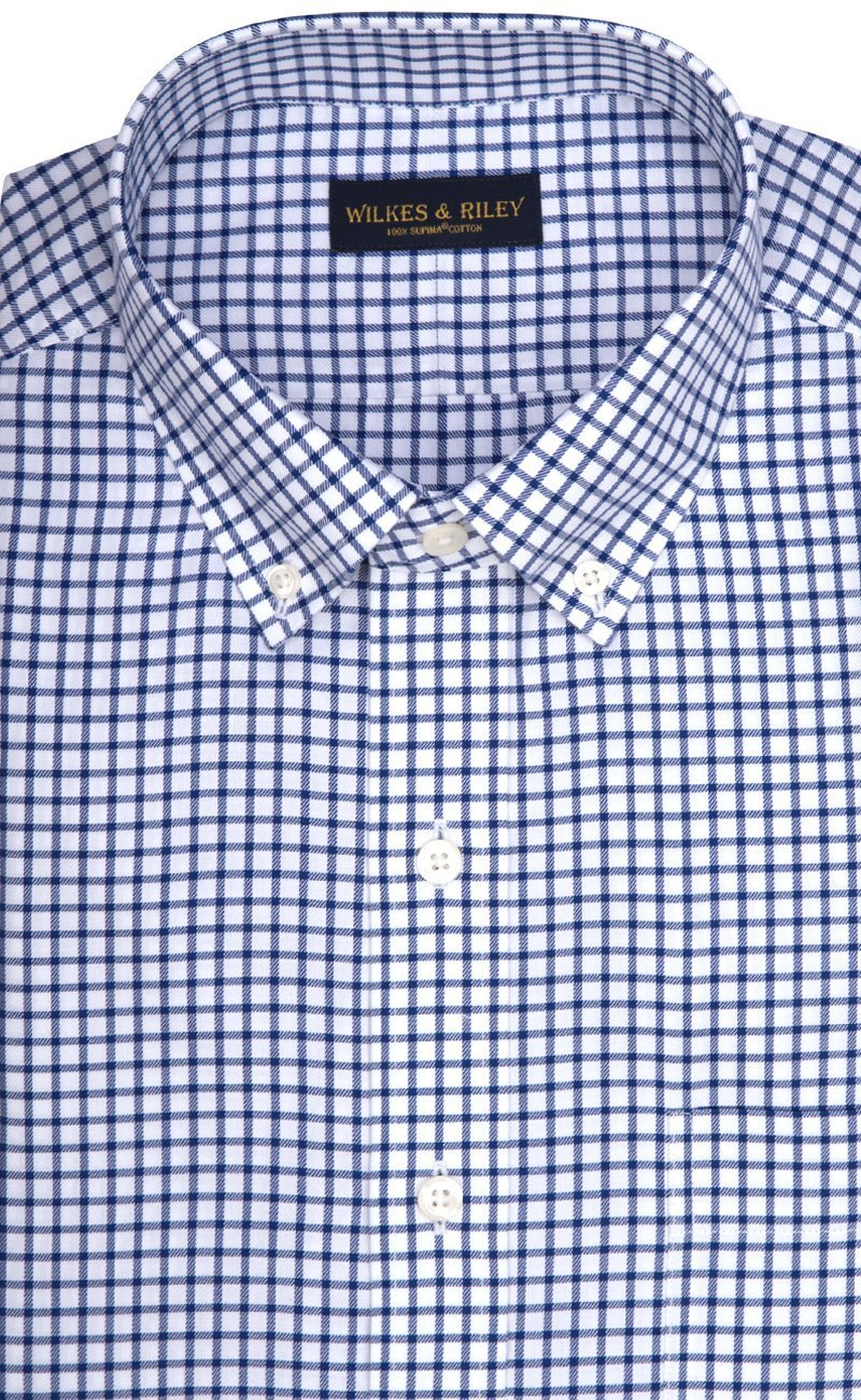 Regular Fit Dark BLue Twill Check Button - Down Collar Supima® Cotton Non - Iron Sport Shirt (B/T) - Wilkes & Riley, LLC