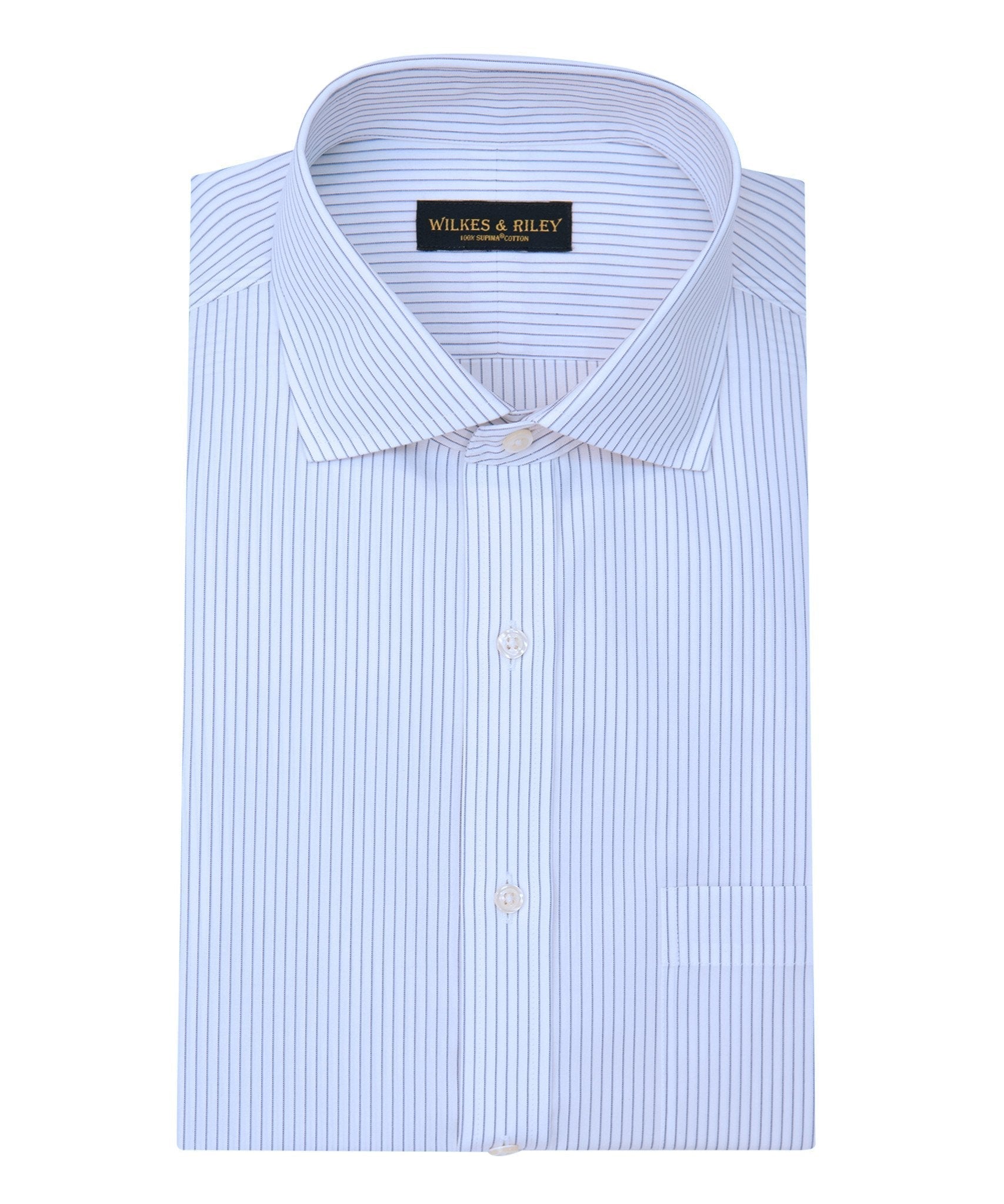 Regular Fit Grey Stripe English Spread Collar Supima® Cotton Non - Iron Broadcloth Dress Shirt - Wilkes & Riley, LLC