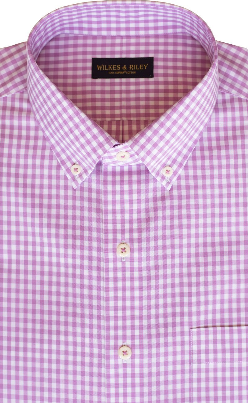 Regular Fit Pink Gingham Check Button - Down Collar Supima® Non - Iron Cotton Broadcloth Sport Shirt (B/T) - Wilkes & Riley, LLC