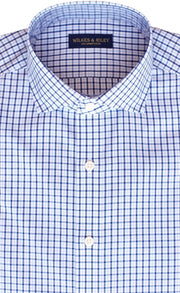 Regular Fit Sky / Navy Tattersall check English Spread Collar Supima® Non - Iron Cotton Broadcloth Sport Shirt (B/T) - Wilkes & Riley, LLC