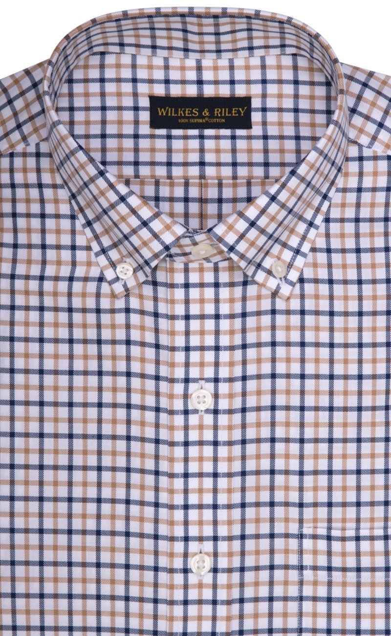 Regular Fit Tan / Navy Twill Check Supima® Cotton Non - Iron Button - Down Collar Sport Shirt (B/T) - Wilkes & Riley, LLC