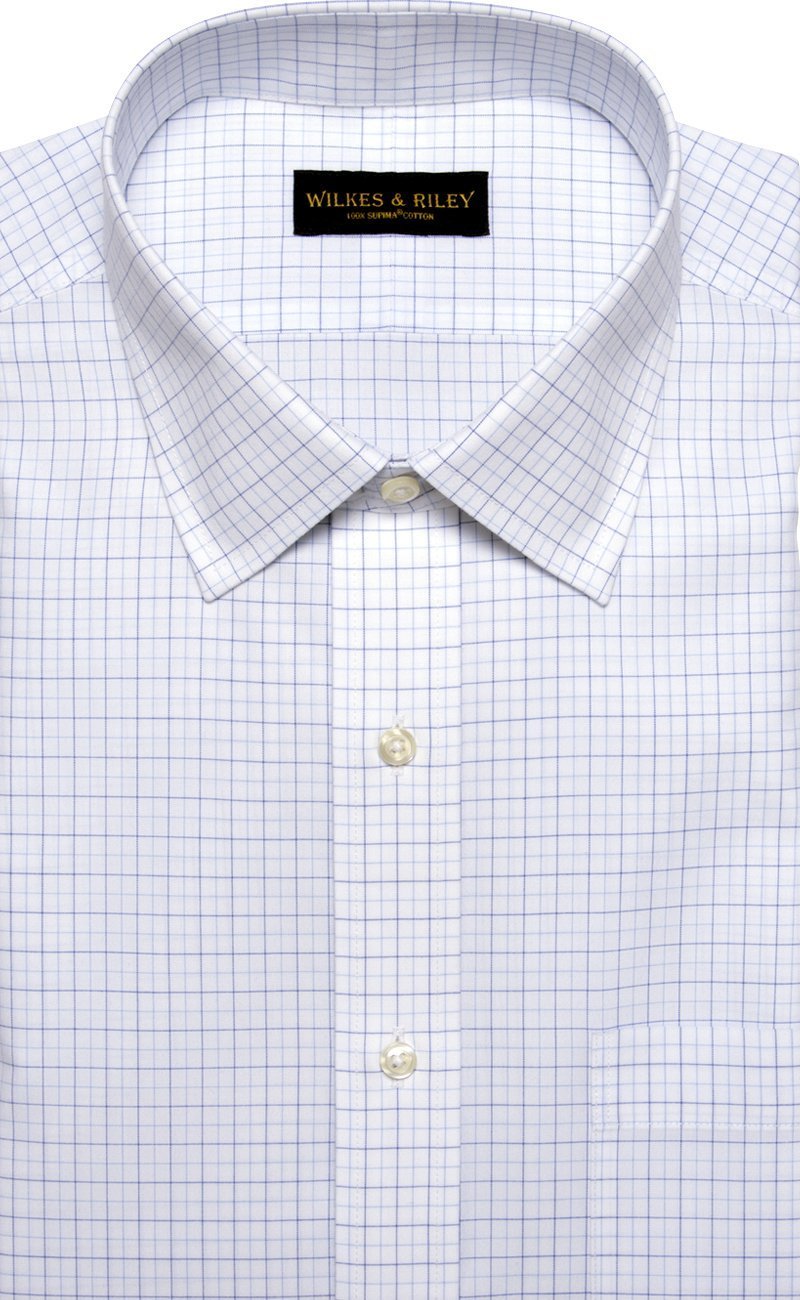 Regular Fit White Ground Navy / Lt Blue Tattersall Spread Collar Supima® Cotton Non - Iron Broadcloth (B/T) - Wilkes & Riley, LLC