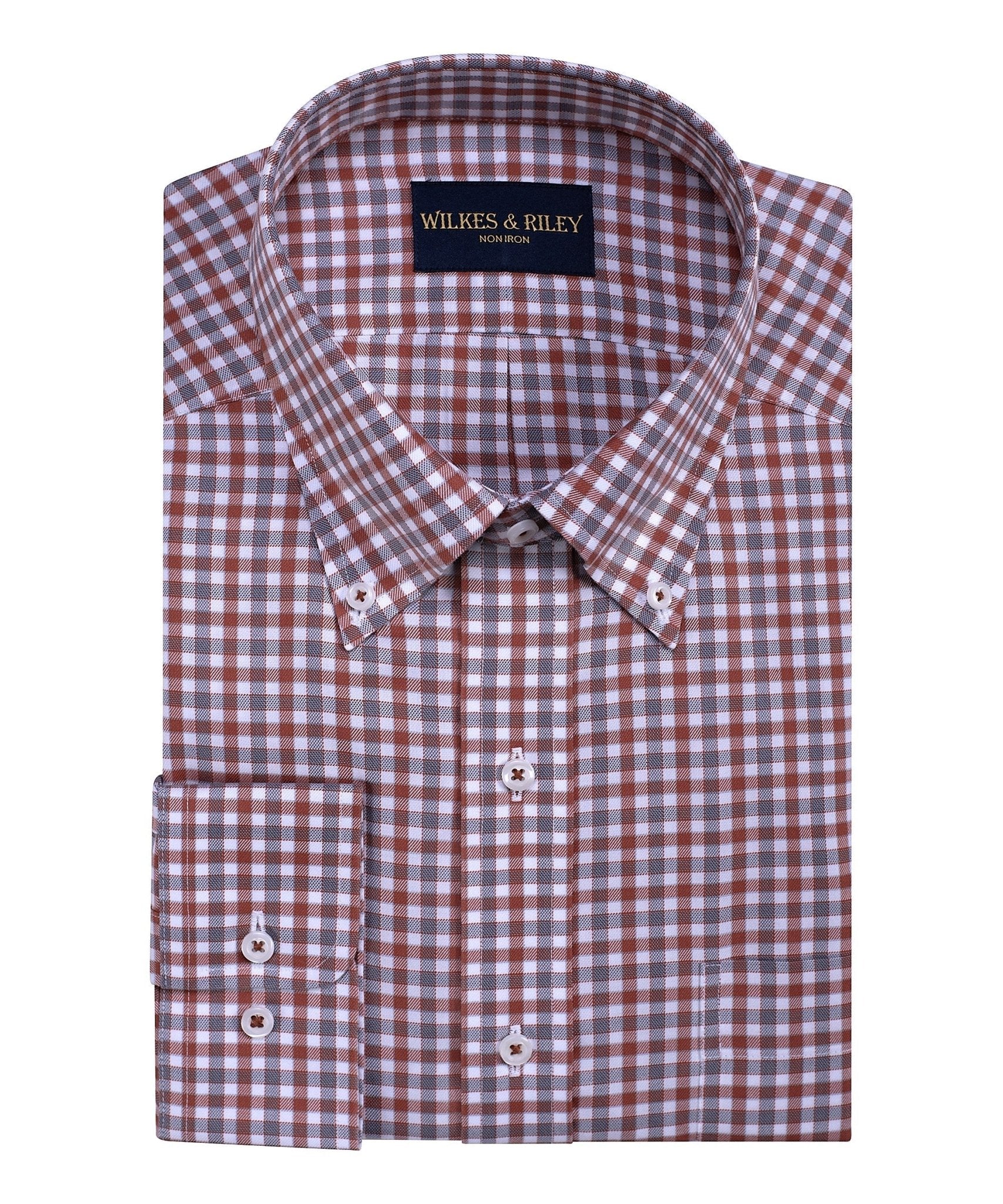 Rust / Grey Twill Check Button - Down Collar Non - Iron Sport Shirt - Wilkes & Riley, LLC