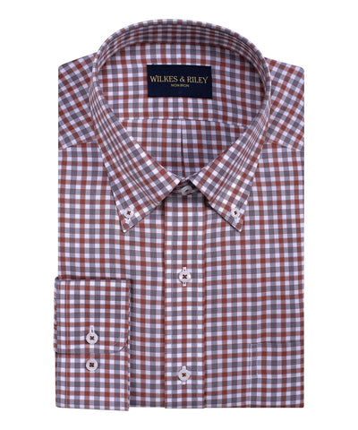 Rust / Grey Twill Check Button-Down Collar Non-Iron Sport Shirt