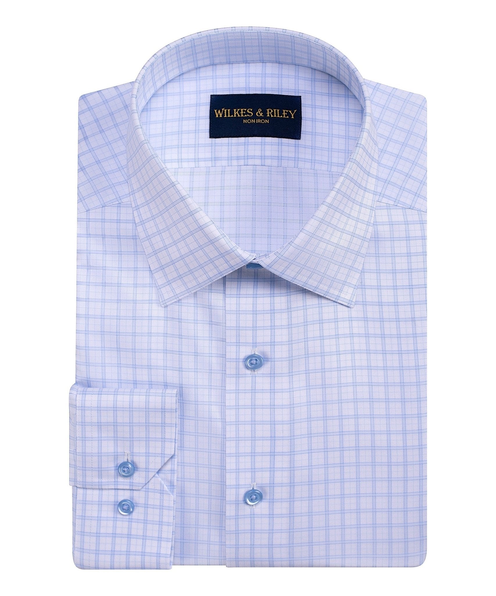 Sky Framed Check Spread Collar Non - Iron Dress Shirt - Wilkes & Riley, LLC