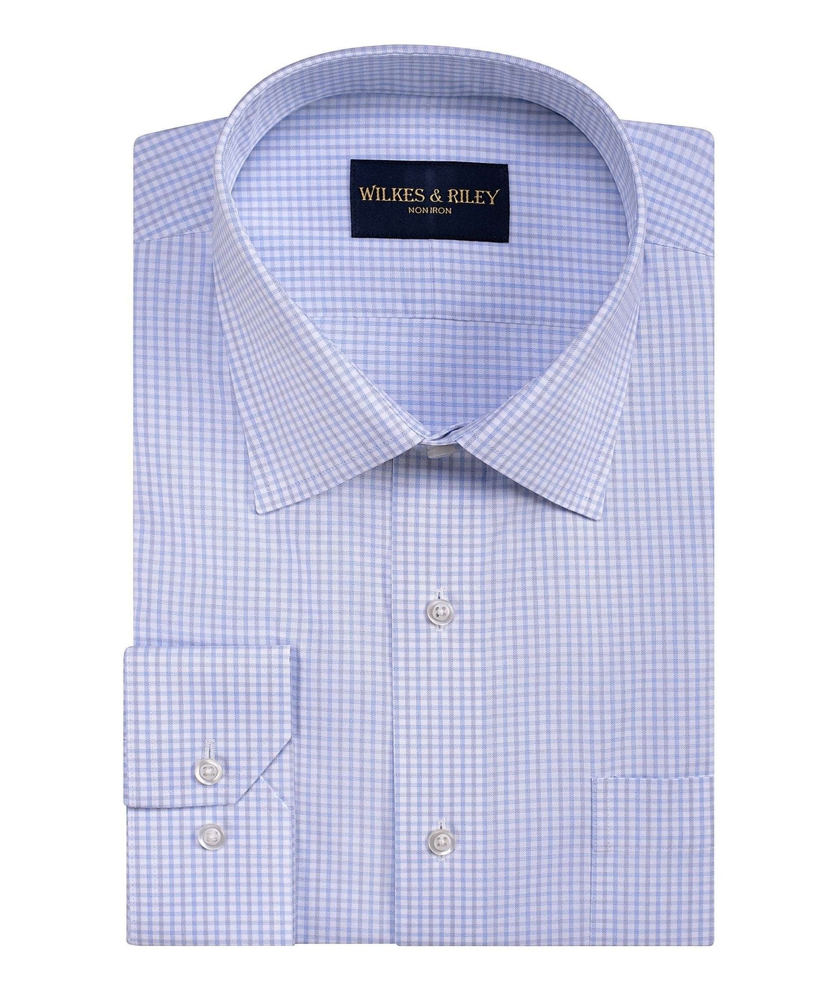 Sky / Grey Dobby Twill Check Spread Collar Non - Iron Dress Shirt - Wilkes & Riley, LLC