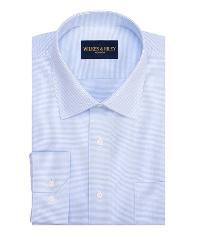 Sky Mini-check Spread Collar  Non-Iron Broadcloth Dress Shirt