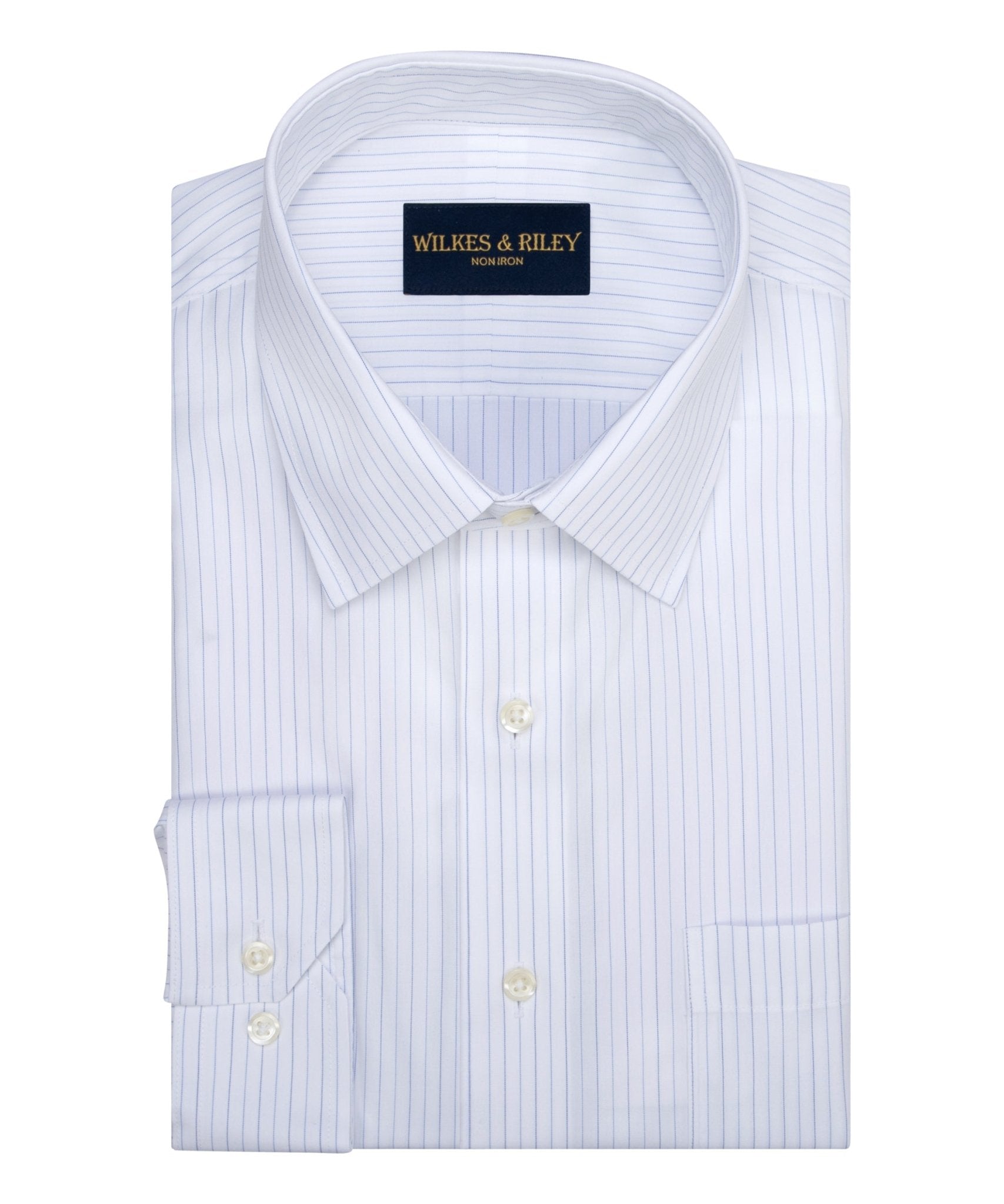 Sky / navy Alternating Stripe Spread Collar Non - Iron broadcloth Dress Shirt - Wilkes & Riley, LLC
