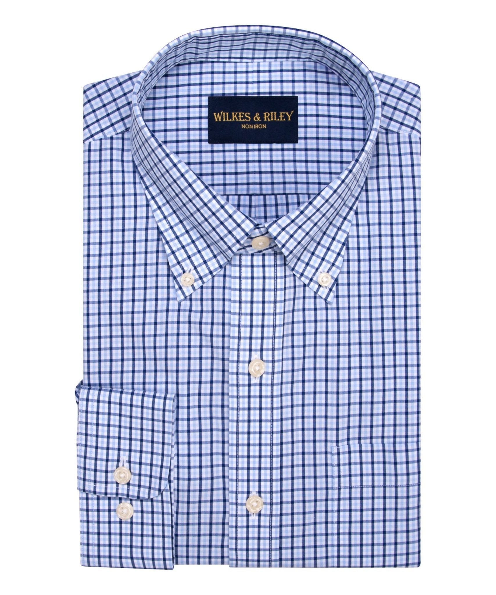 Sky / Navy Tattersall check Button - Down Collar Supima® Non - Iron Cotton Broadcloth Sport Shirt - Wilkes & Riley, LLC
